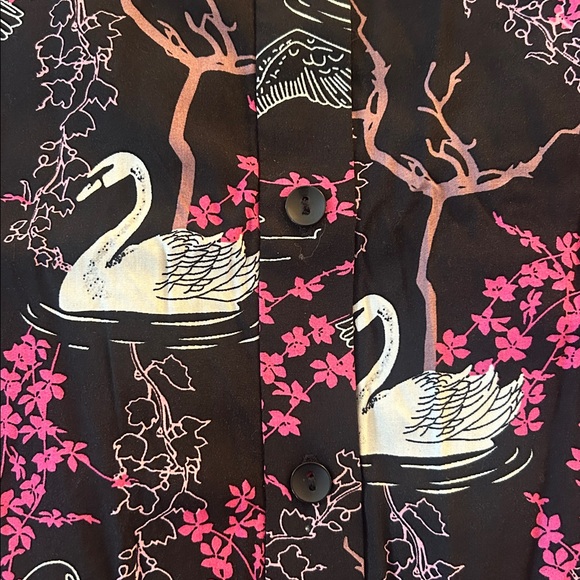 Collectif Black Skirt with Pink Floral and Swan Design - Picture 2 of 4